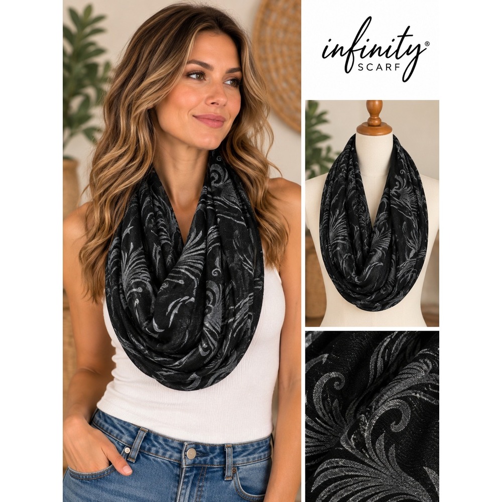 Infinity Scarf Womens Black Silver Metallic Floral Scroll Sheer Lightweight Loop